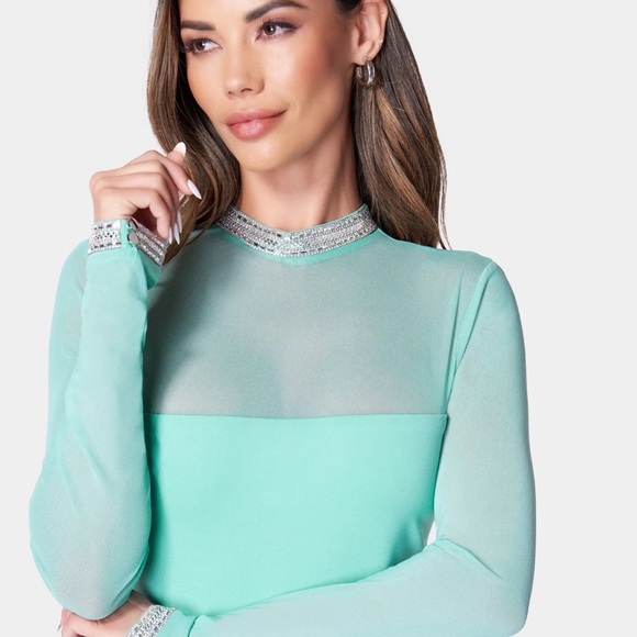 BEBE Embellished Mesh Dress - Beach Glass - Picture 5 of 8